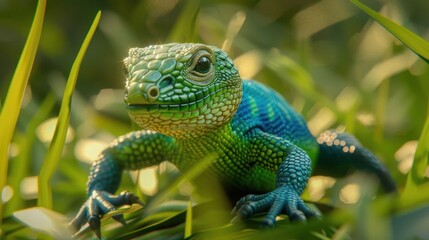 Fototapeta premium Colorful lizard crawling through lush green grass in a sunlit environment, showcasing nature's beauty