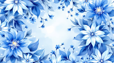 Fototapeta premium Watercolor Painting of Blue Flowers and Snowflakes