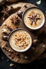 Milk tea with cinnamon and star anise on rustic background