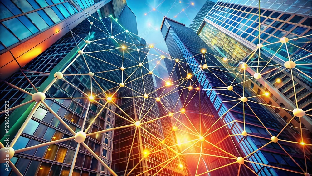 Aufkleber abstract network connection: data technology 3d render, digital background, points and lines structu
