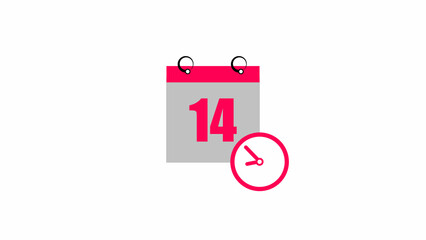 Abstract calendar icon - day 14 4k illustration. Clock icon magenta red color 4k illustration transparent  appointment, important date on light gray background.