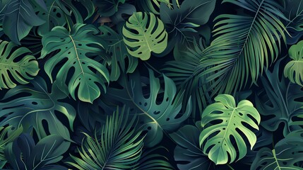 A vibrant and tropical pattern featuring lush green leaves against a dark background.