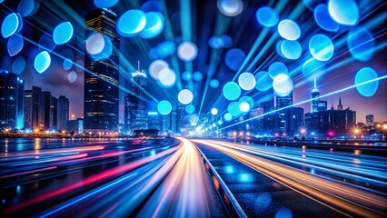 Obraz premium Abstract Night Cityscape: Blurred Blue Light Trails & Urban Glow