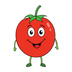 A cute, smiling tomato character with big eyes, round red body, and green leaves on top, exuding a friendly and playful vibe, perfect for fun and fresh designs.