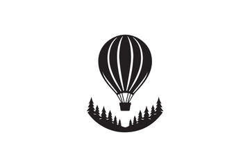 simple and subtle vector silhouette of hot air balloon in black and white, set against a white background. 