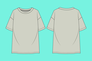 Men's round neck drop shoulder Short sleeve T-shirt flat sketch vector illustration template front and back views. 
