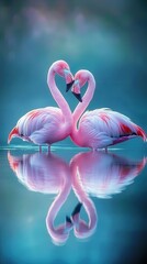 Naklejka premium A peaceful scene of two flamingos with their necks intertwined to form a heart, reflecting on the still surface of a tropical lake