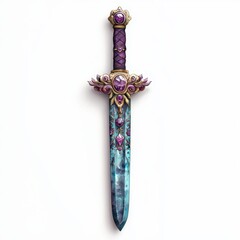 Obraz premium Ornate Fantasy Dagger with Purple Gems Teal Blade Gold Accents Isolated on White