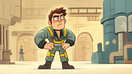 A cartoon-style worker standing confidently in an industrial setting, wearing a green and yellow uniform, with a determined expression, surrounded by machinery.