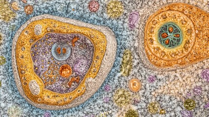 Obraz premium Human body cellular structure, microscopic view of intricate biological systems. Detailed exploration of life's building blocks, showcasing the complexity and precision of human biology. 
