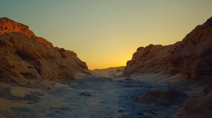 Desert landscape with rocky formations illuminated by the golden hour sunlight