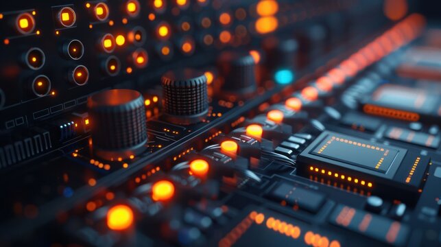 Close-up view of a futuristic sound mixer with glowing controls in a dimly lit studio environment