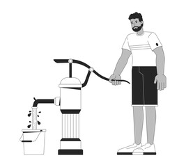 African american man operating hand water pump bucket black and white 2D line character. Rural water supply. Simple living. Black guy isolated vector outline person. Monochromatic spot illustration