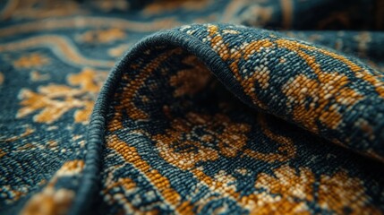 Teal, gold patterned textile closeup, draped, textured background, home decor