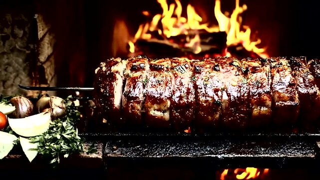 Roasted Meat on a Spit with Fire
