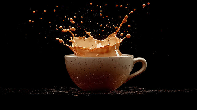 A dynamic image of a coffee splash erupting from a cup against a dark background, capturing a moment of caffeinated energy