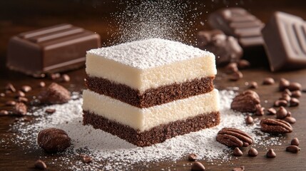 Obraz premium Double-layer cake, powdered sugar, chocolate, pecans, studio
