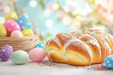 Festive table with traditional Easter bread adorned with sugar glaze and colorful sprinkles surrounded by decorative eggs. Generative AI