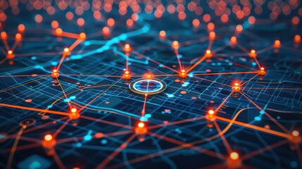 Abstract representation of a digital city map with glowing connections and nodes illustrating data flow