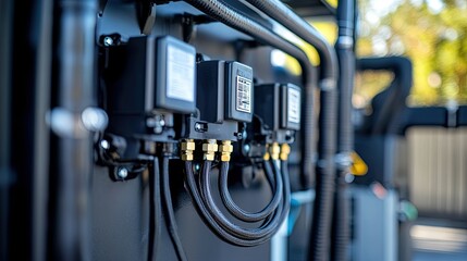 Close-up view of a residential AC compressor unit installed outside, with piping and cables connected