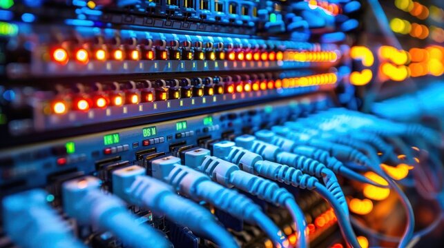 Close-up view of illuminated server cables and network switches in a data center environment