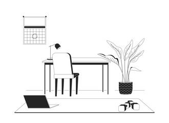 Work-from-home desk with workout corner linear illustration. Organized workspace fitness equipment. Home office laptop dumbbells 2D line scene isolated on white. Monochrome vector outline image