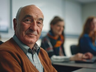 Obraz premium Mature adult sitting attentively at desk during lecture or seminar.