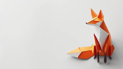 Naklejka premium 3D origami fox sitting on the right side of an empty white background, simple design