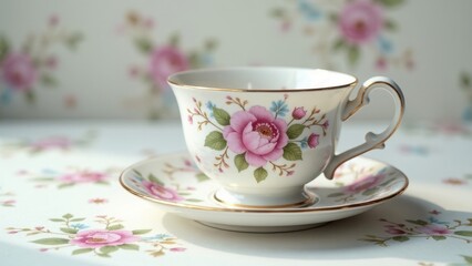Fototapeta premium A delicate teacup and saucer, adorned with a charming floral pattern, rests on a matching surface, bathed in soft sunlight.