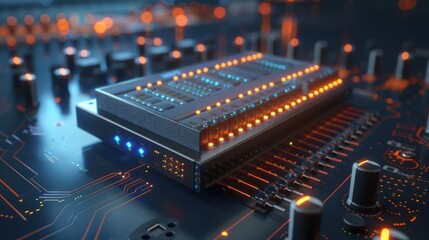 Close-up view of a futuristic circuit board with glowing components and intricate details (1)