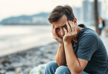 Fototapeta premium Sad person on vacation with blurred background