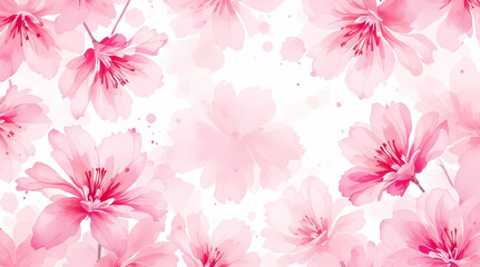 Pink watercolor flowers seamless pattern transparent background