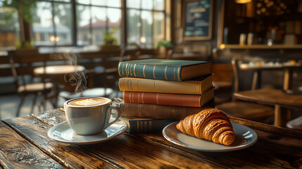 A cozy coffee shop scene with a steaming latte, a croissant, and a stack of vintage books on a wooden table, evoking a sense of warmth and relaxation