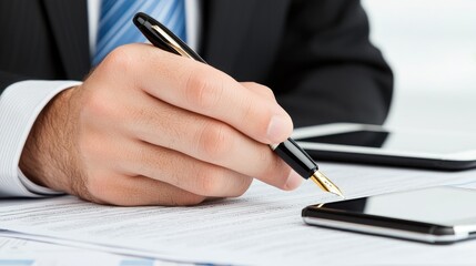 A businessman writing notes while using a smartphone in a modern office setting.