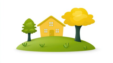 A charming cartoon-style house surrounded by trees on a grassy hill, perfect for illustrating cozy living.