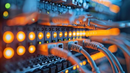 Close-up of illuminated network cables and switches in a data center, showcasing connectivity