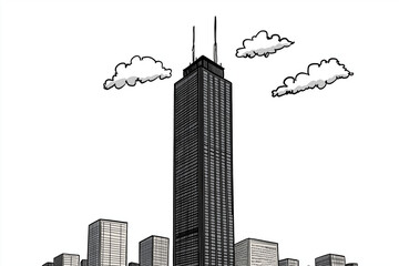 Obraz premium Illustration of a tall skyscraper towering above a city skyline with minimal clouds. Hand-drawn style with clean lines, modern architecture, and urban landscape.