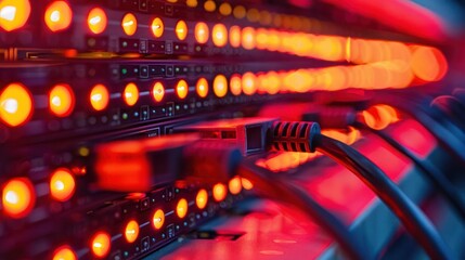 Close-up of illuminated server panel with colorful lights and connected cables in a data center