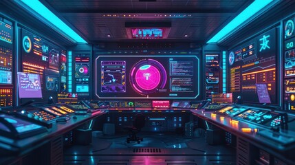 Fototapeta premium Futuristic control room filled with glowing screens, buttons, and vibrant lights, showcasing advanced technology