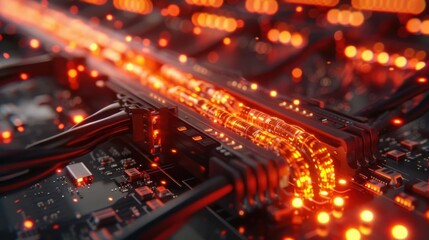 Obraz premium Close-up view of glowing data cables connecting to a circuit board in a high-tech environment