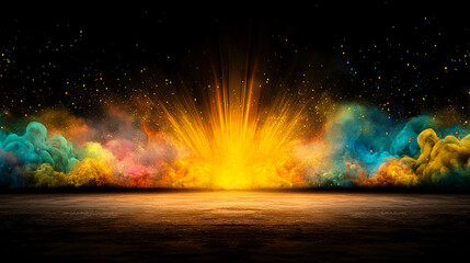 vibrant explosion of colors with soft gradients creates stunning visual effect, showcasing blend of yellow, blue, and pink hues against dark background