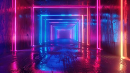 A vibrant, neon-lit corridor with reflective surfaces creating a futuristic ambiance.