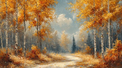Autumn forest path, bright golden foliage,  peaceful landscape painting.