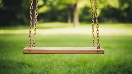 Empty Wooden Swing Set Hanging in Lush Green Park Summer Day