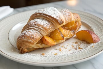 Flaky croissant filled with sweet peach preserves, served on a porcelain plate with a rustic scattering of crumbs.