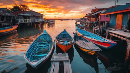 Obraz premium Colorful boats anchored at a vibrant sunset in a serene harbor. The sky is ablaze with hues. A perfect moment of tranquility. Generative AI