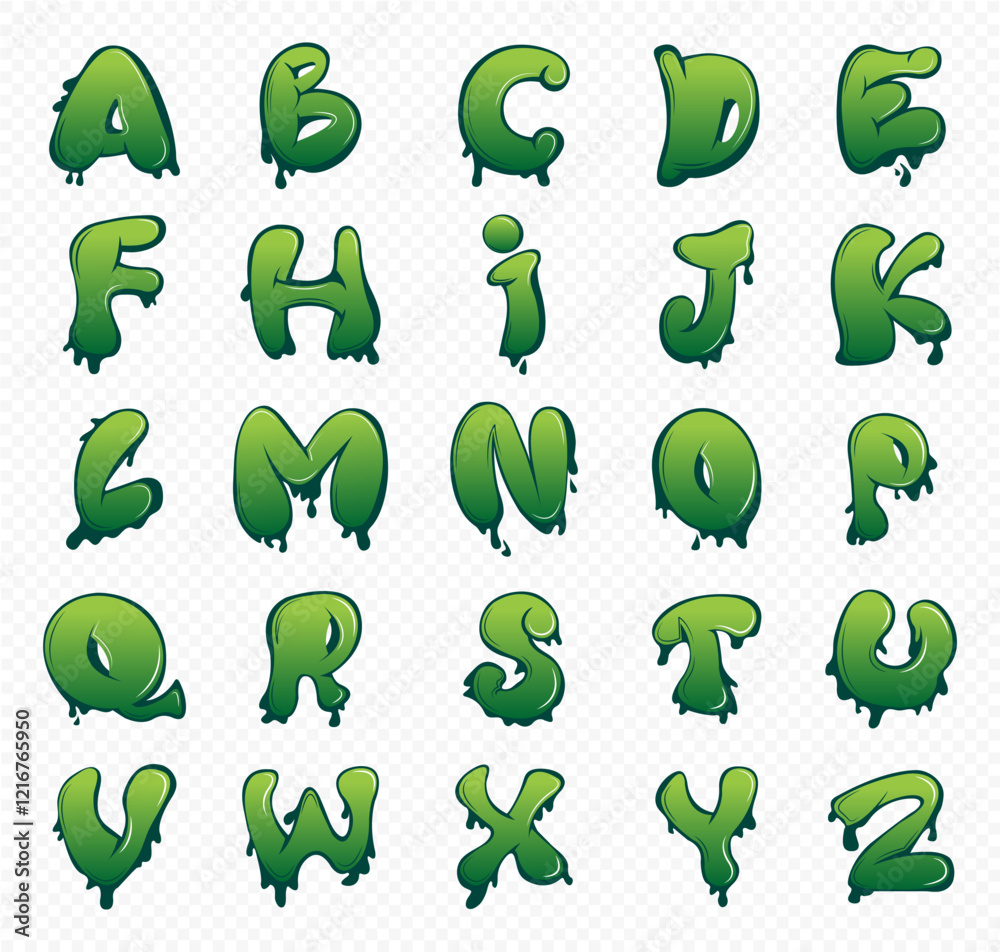 Poster bright green letters from a to z are displayed in a playful, dripping style against a clean white ba