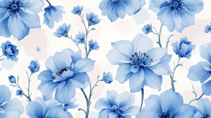 Seamless pattern with blue flowers painted in watercolor style on a white background