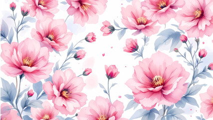 Pink watercolor pions flowers seamless pattern transparent background