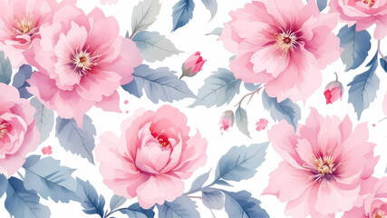 Pink watercolor pions flowers seamless pattern transparent background
